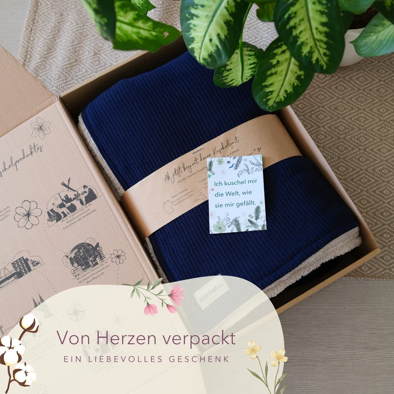 Kuscheldecke mit Baumwollstrick · Dunkelblau · Beige