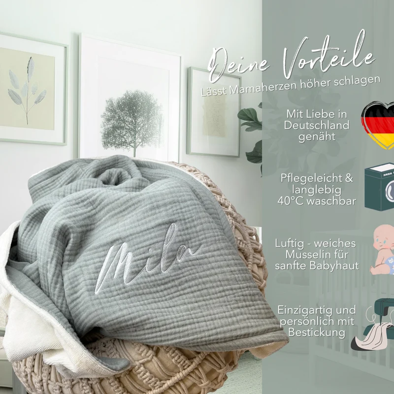Musselin Babydecke mit Namen - 70 x 100 cm • Salbei