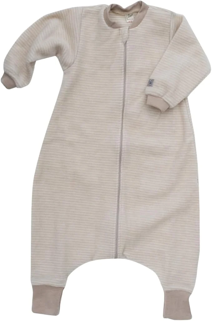 LILANO Wollfrottee Plüsch Schlafsack mit Füssen Sand Gestreift