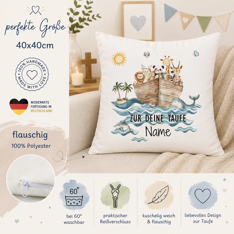 Kissen Taufe mit Arche Noah Tiere