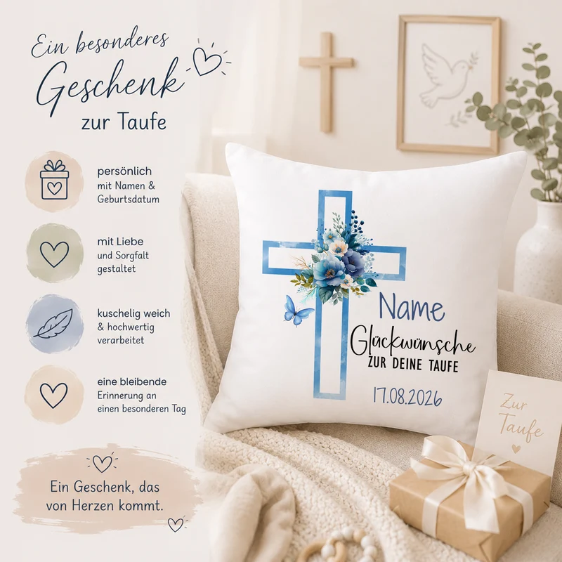 Kissen mit Kreuz - Glückwünsche zur Taufe