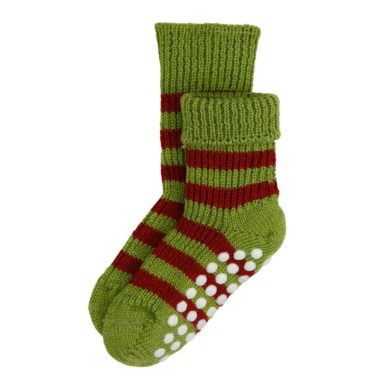Kinder Stopper Socken maigrün/dunkelrot geringelt von Hirsch Natur