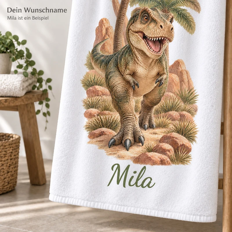 Handtuch Dinosaurier T-Rex in der Savanne mit Namen