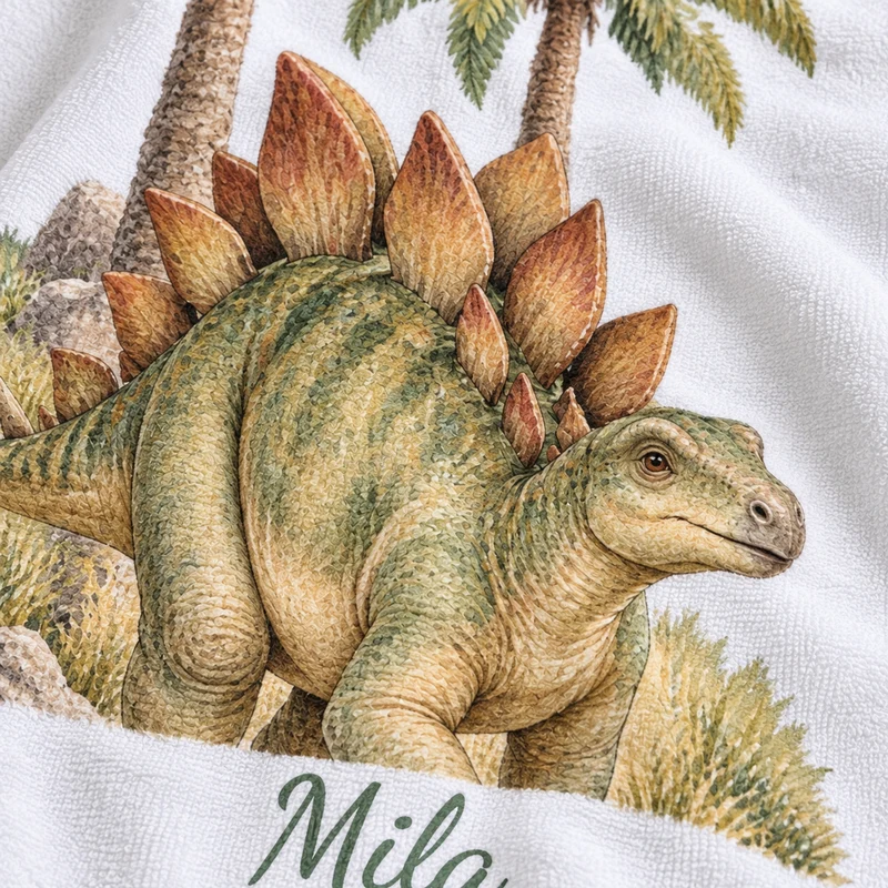 Handtuch Dinosaurier Stegosaurus in der Savanne mit Namen