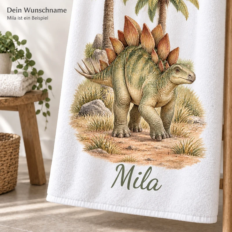 Handtuch Dinosaurier Stegosaurus in der Savanne mit Namen
