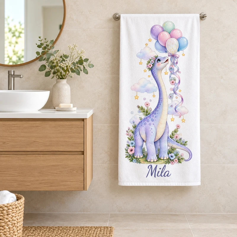 Handtuch Dinosaurier Langhals mit Ballons mit Namen