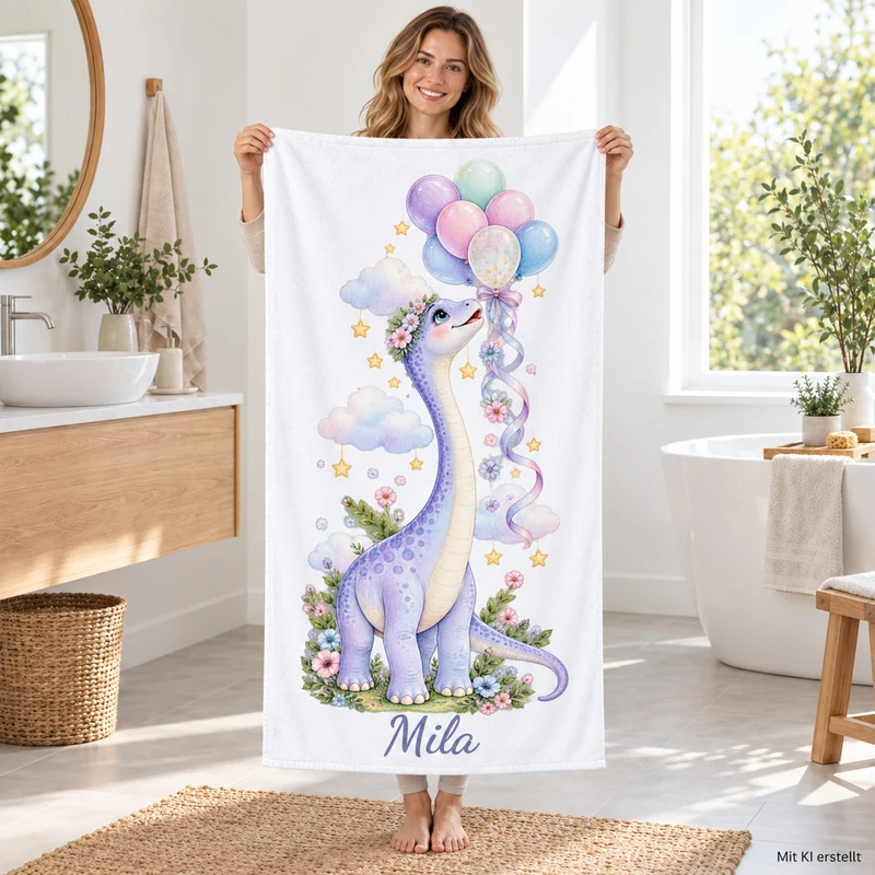 Handtuch Dinosaurier Langhals mit Ballons mit Namen