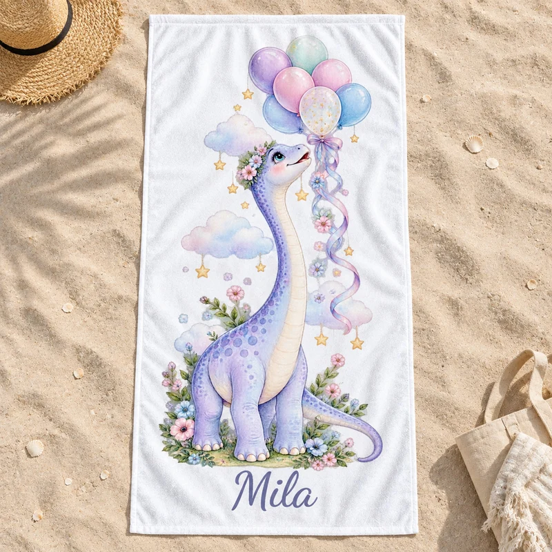 Handtuch Dinosaurier Langhals mit Ballons mit Namen