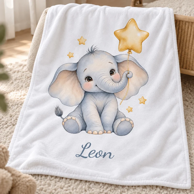 Babydecke mit Namen – Elefant mit Sternballon