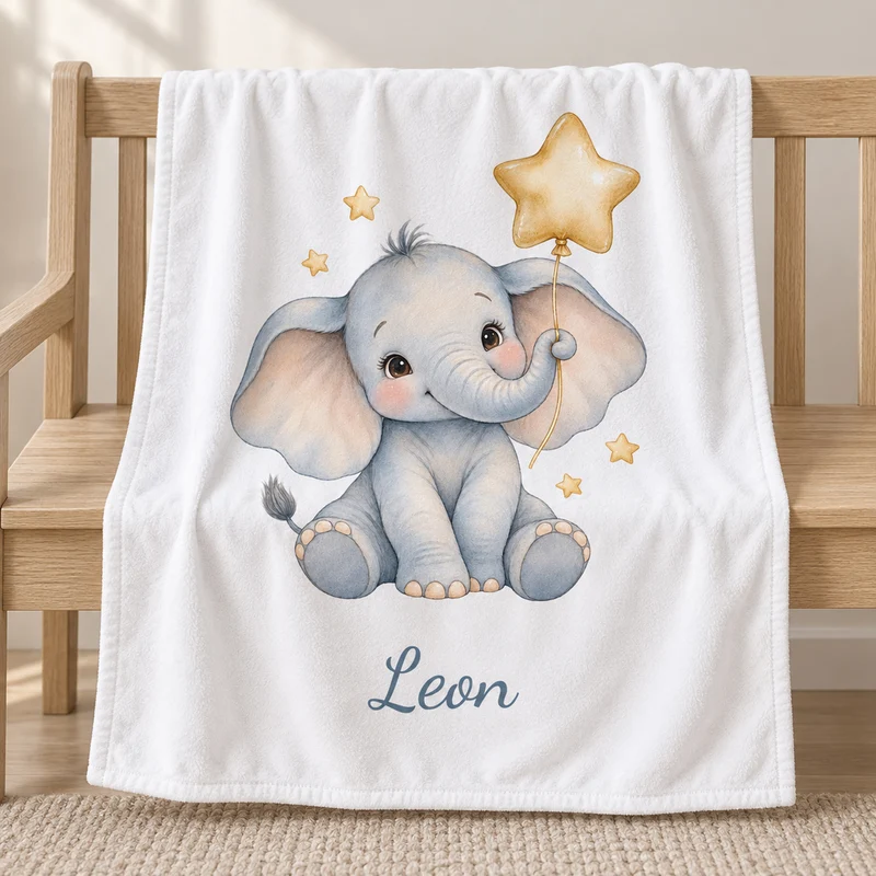 Babydecke mit Namen – Elefant mit Sternballon