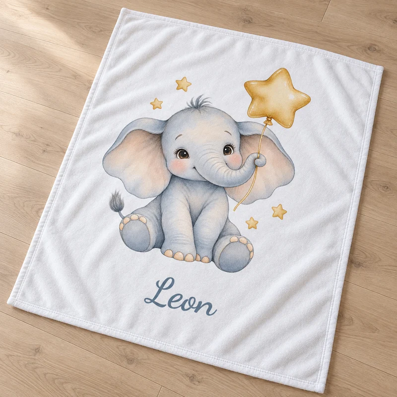 Babydecke mit Namen – Elefant mit Sternballon