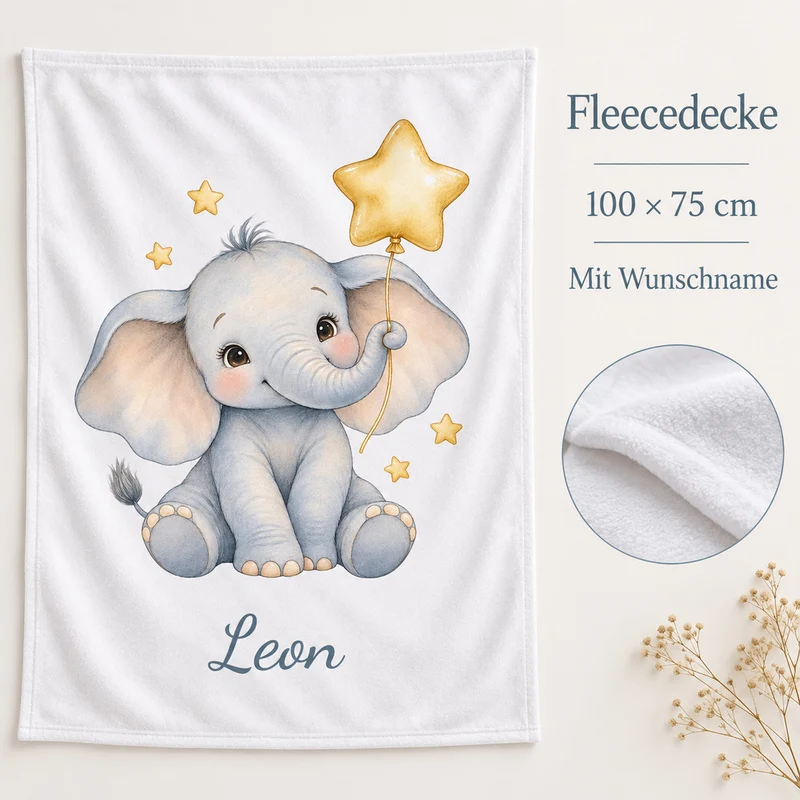 Babydecke mit Namen – Elefant mit Sternballon