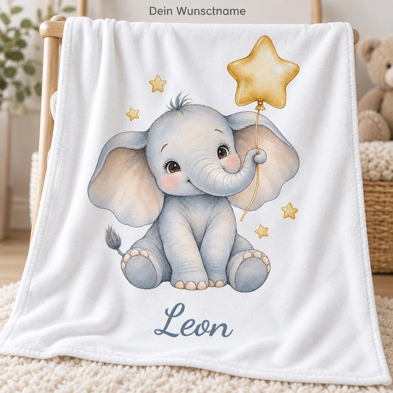 Babydecke mit Namen – Elefant mit Sternballon