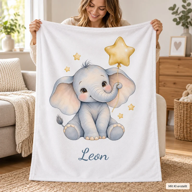 Babydecke mit Namen – Elefant mit Sternballon