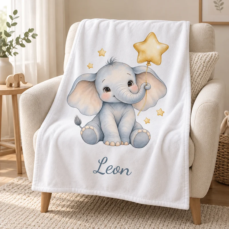 Babydecke mit Namen – Elefant mit Sternballon