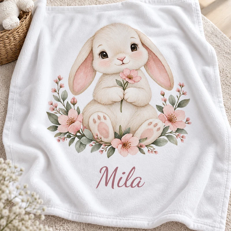 Babydecke mit Namen – Blumenhäschen