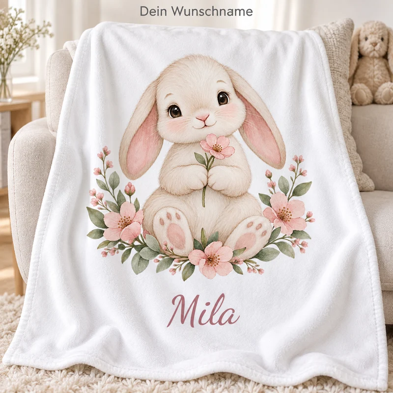 Babydecke mit Namen – Blumenhäschen