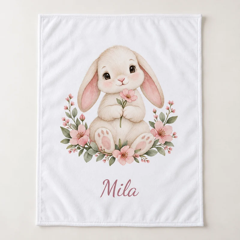 Babydecke mit Namen – Blumenhäschen