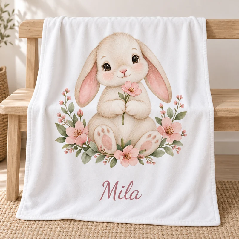 Babydecke mit Namen – Blumenhäschen