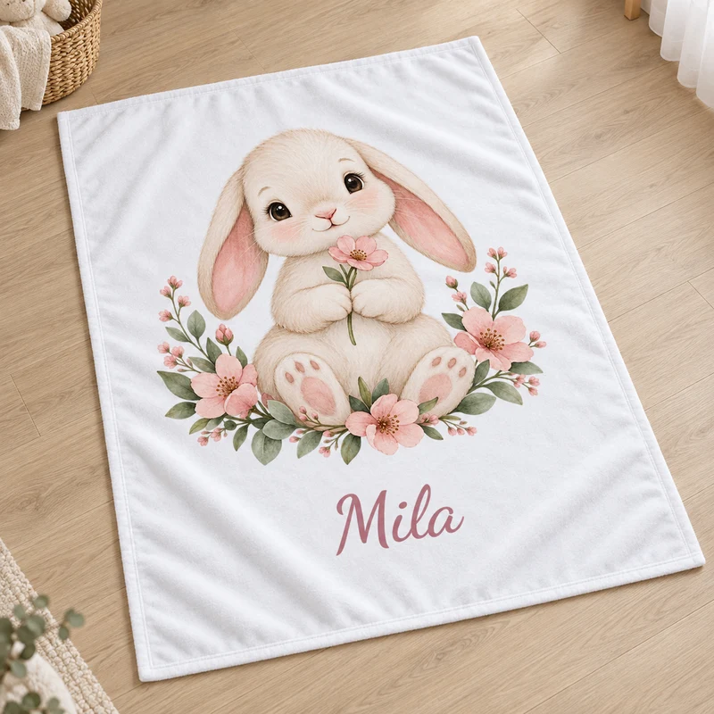 Babydecke mit Namen – Blumenhäschen