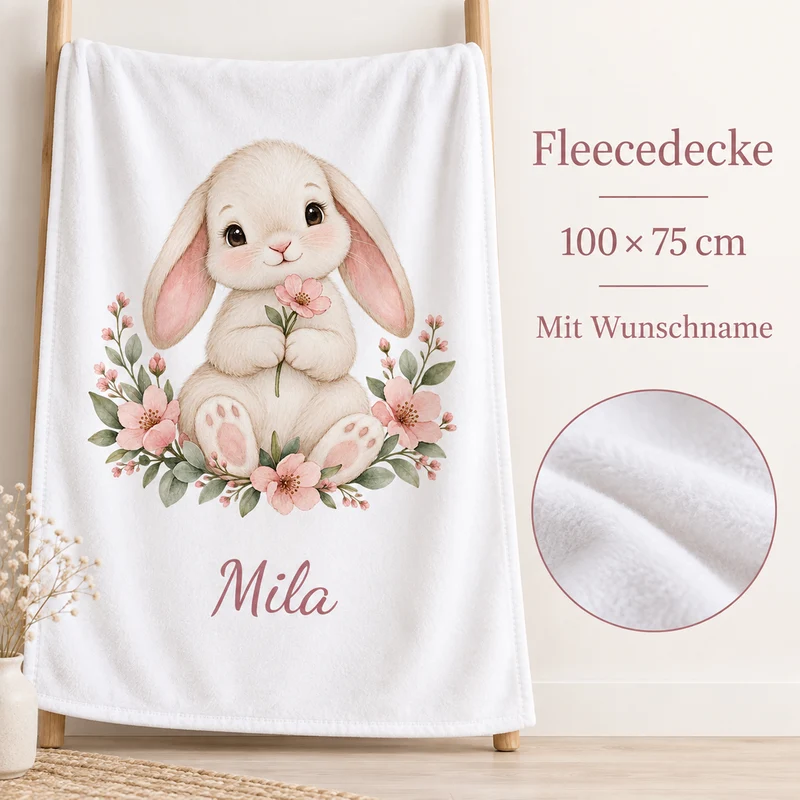 Babydecke mit Namen – Blumenhäschen
