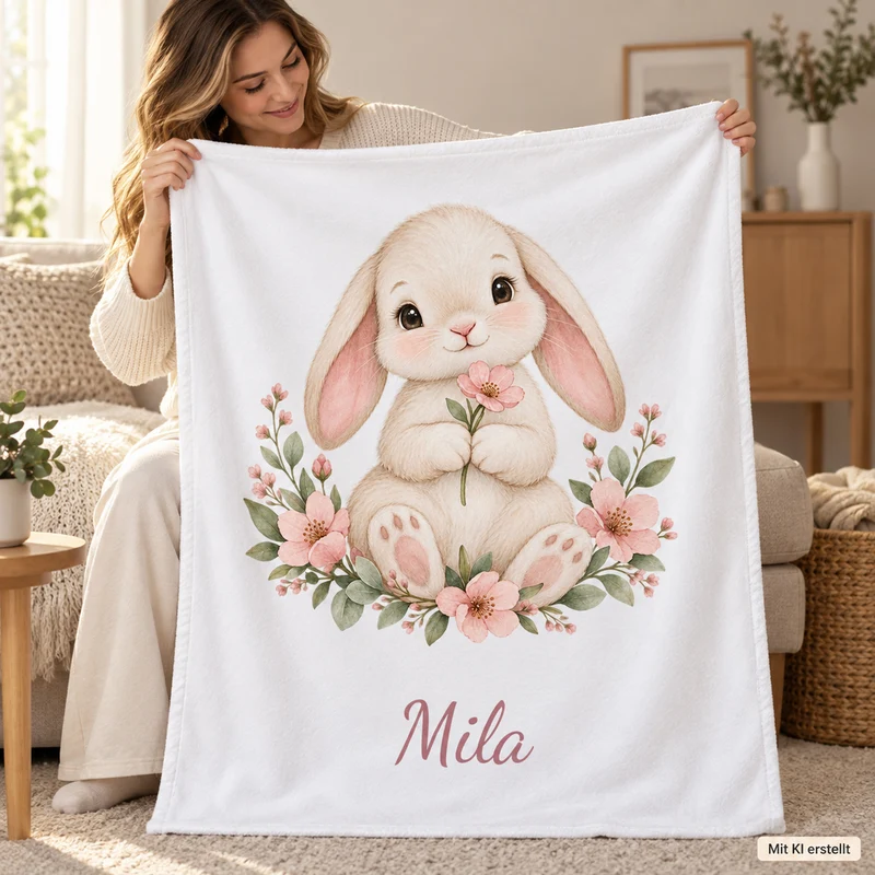 Babydecke mit Namen – Blumenhäschen