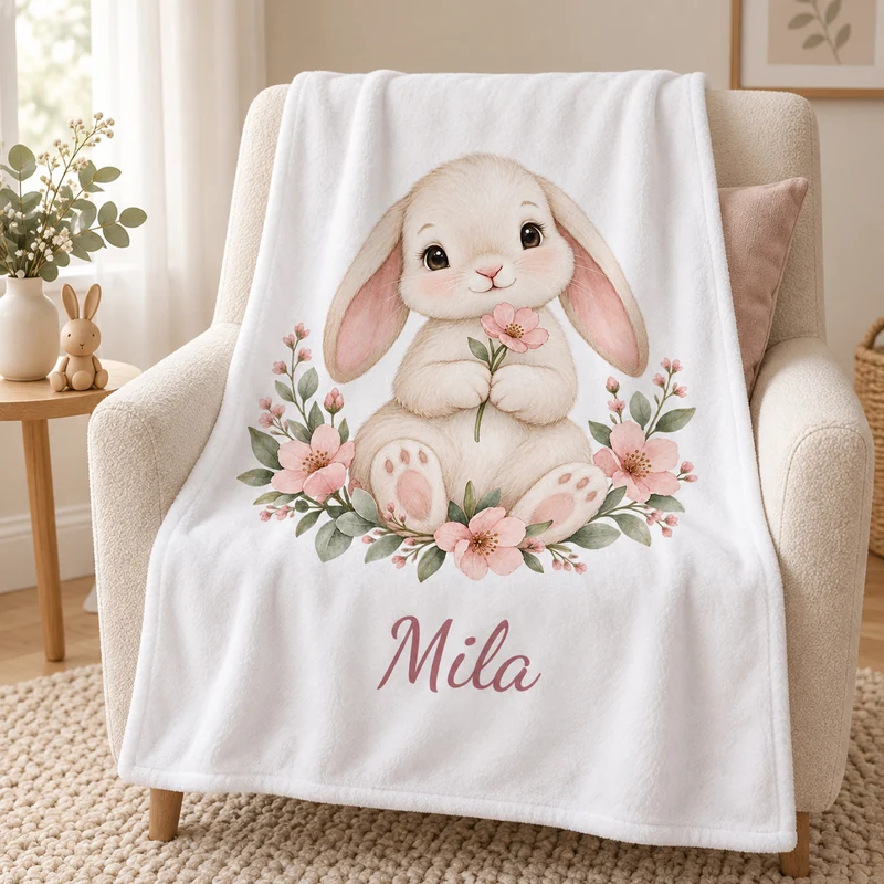Babydecke mit Namen – Blumenhäschen