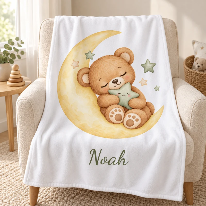 Babydecke mit Namen – Bärchen auf dem Mond