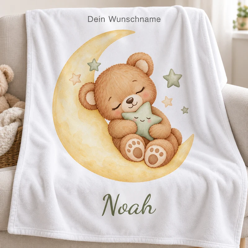 Babydecke mit Namen – Bärchen auf dem Mond