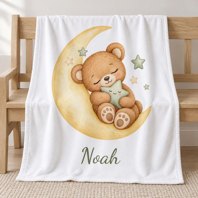 Babydecke mit Namen – Bärchen auf dem Mond