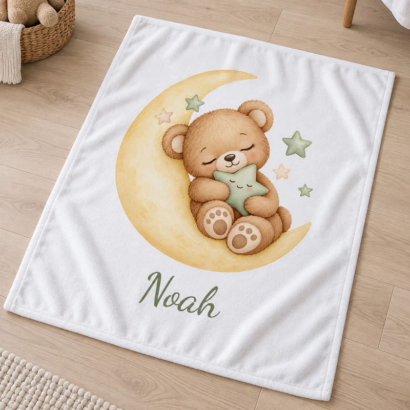 Babydecke mit Namen – Bärchen auf dem Mond