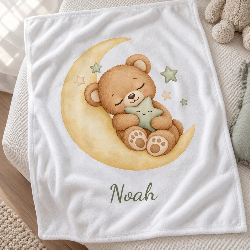 Babydecke mit Namen – Bärchen auf dem Mond