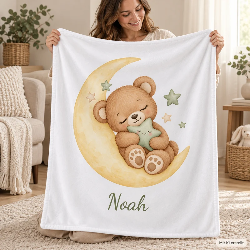 Babydecke mit Namen – Bärchen auf dem Mond