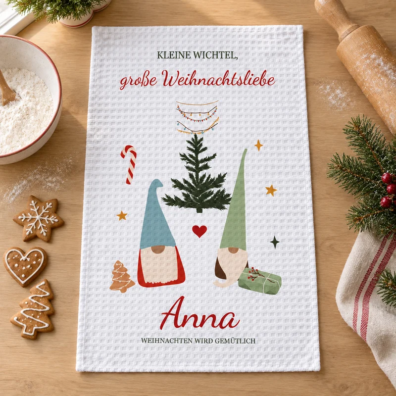 Geschirrtuch Wichtelpaar mit Namen – Weihnachten