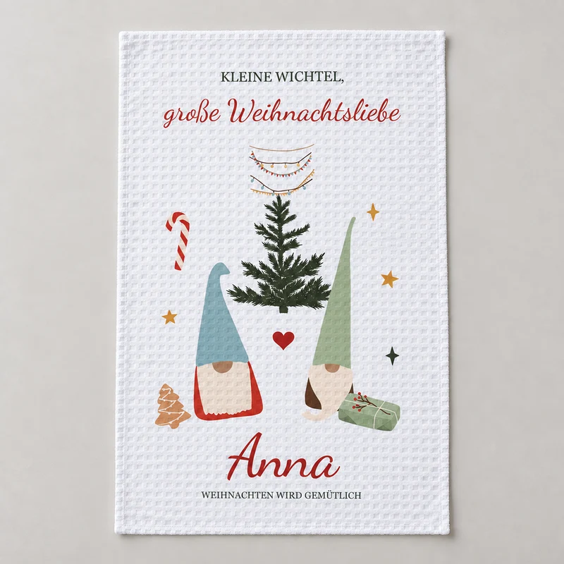 Geschirrtuch Wichtelpaar mit Namen – Weihnachten