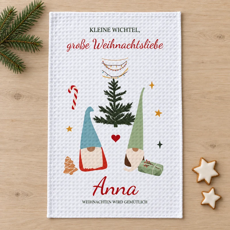 Geschirrtuch Wichtelpaar mit Namen – Weihnachten