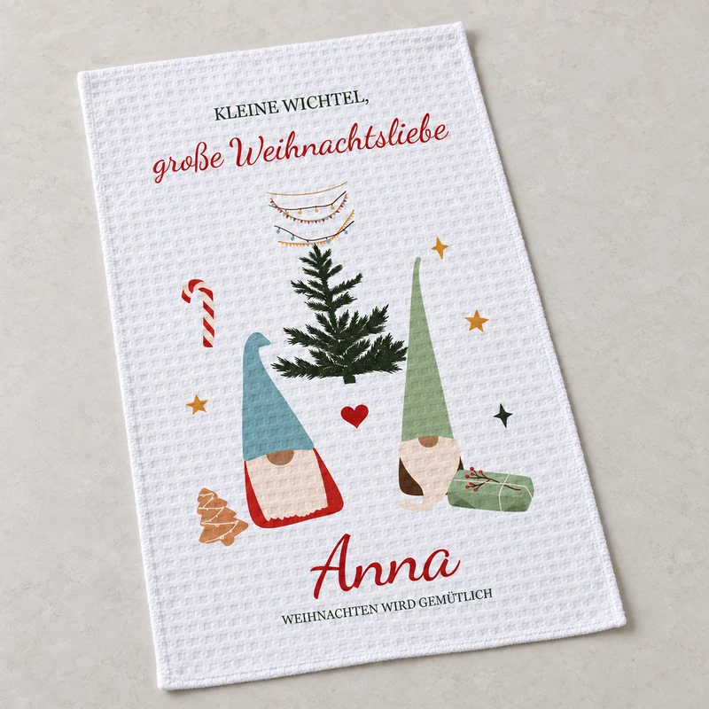 Geschirrtuch Wichtelpaar mit Namen – Weihnachten