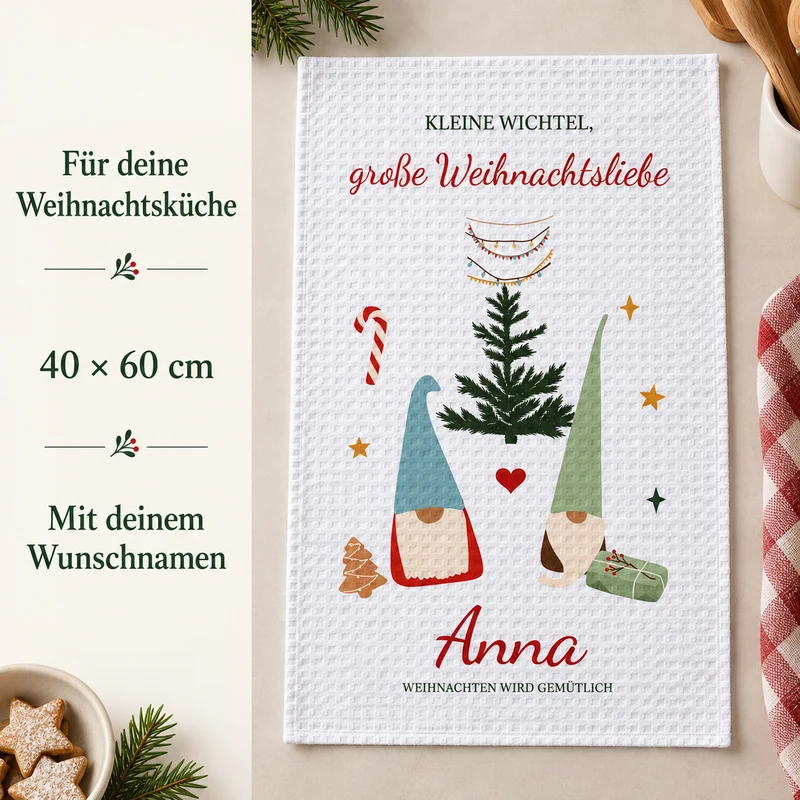 Geschirrtuch Wichtelpaar mit Namen – Weihnachten