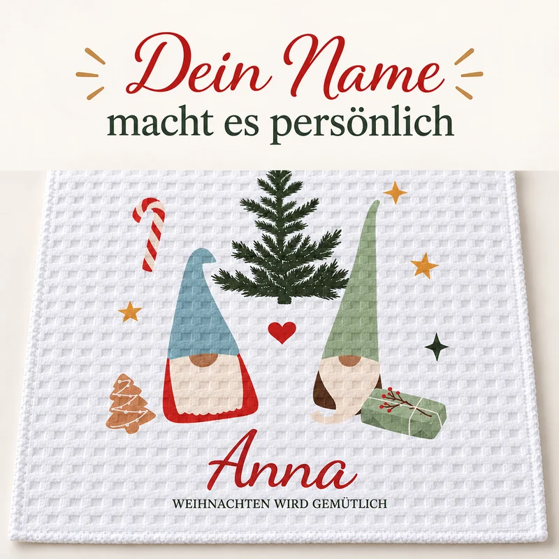 Geschirrtuch Wichtelpaar mit Namen – Weihnachten