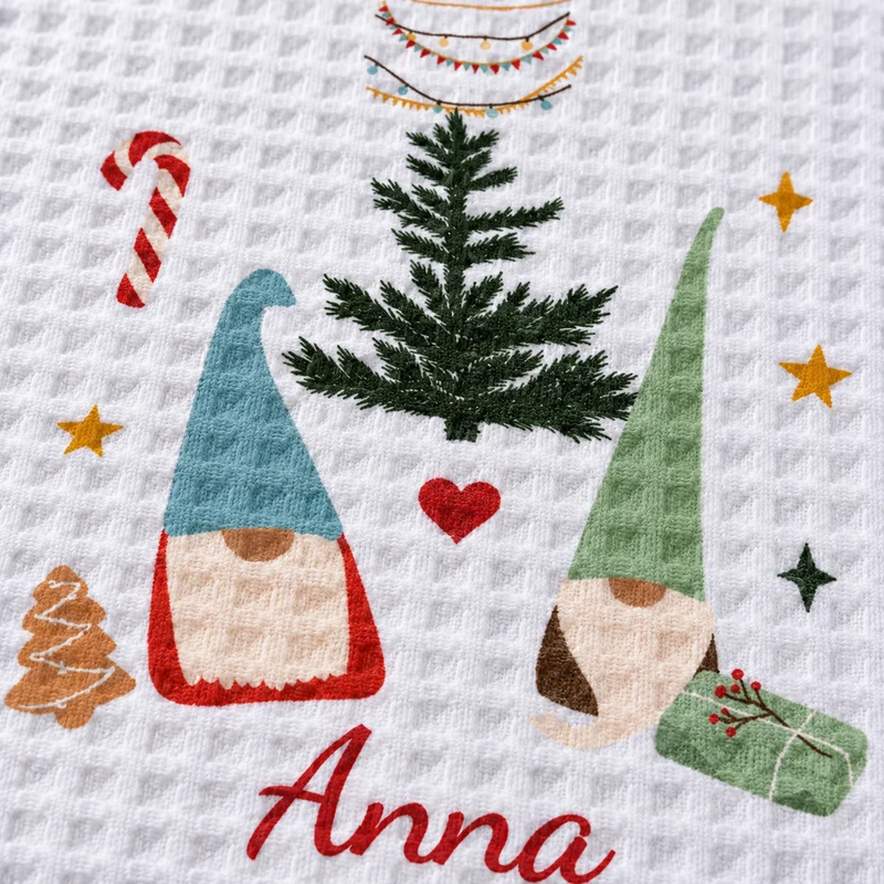 Geschirrtuch Wichtelpaar mit Namen – Weihnachten