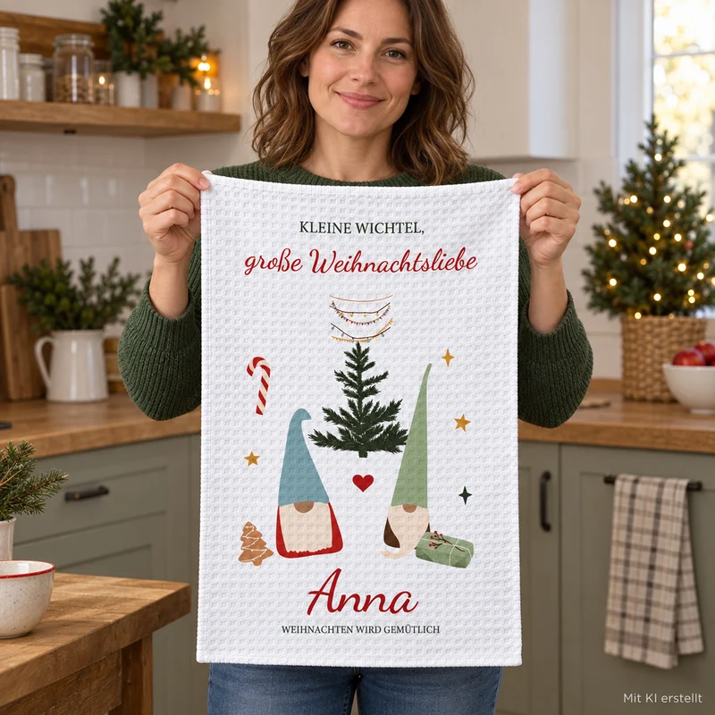 Geschirrtuch Wichtelpaar mit Namen – Weihnachten