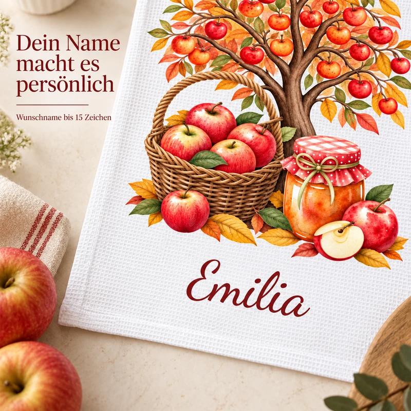 Personalisiertes Geschirrtuch mit Apfelmotiv – Herbstliche Apfelernte