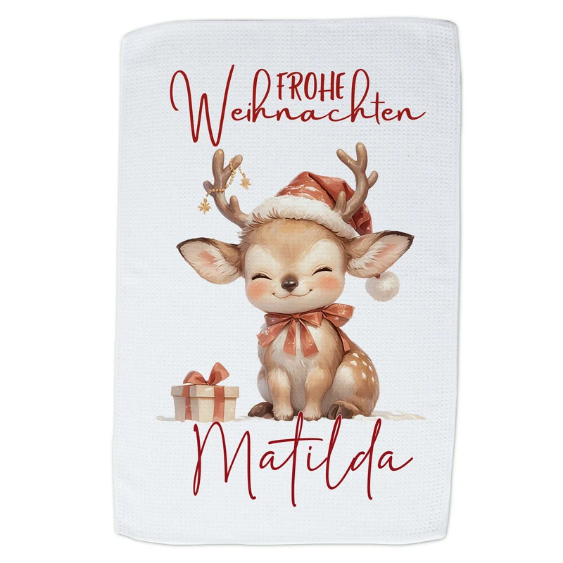 Personalisiertes Geschirrtuch - Frohe Weihnachten mit Reh Matilda
