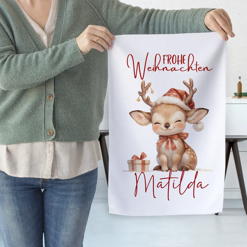 Personalisiertes Geschirrtuch - Frohe Weihnachten mit Reh Matilda