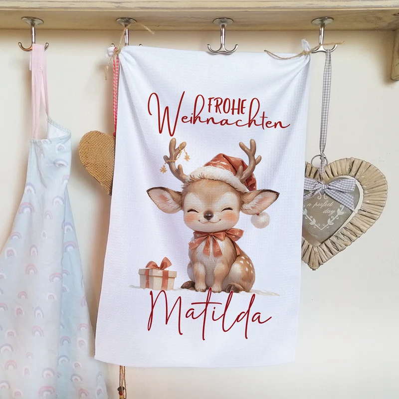Personalisiertes Geschirrtuch - Frohe Weihnachten mit Reh Matilda