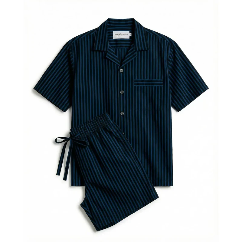 Short Sleeve & Short Set — Navy Stripe