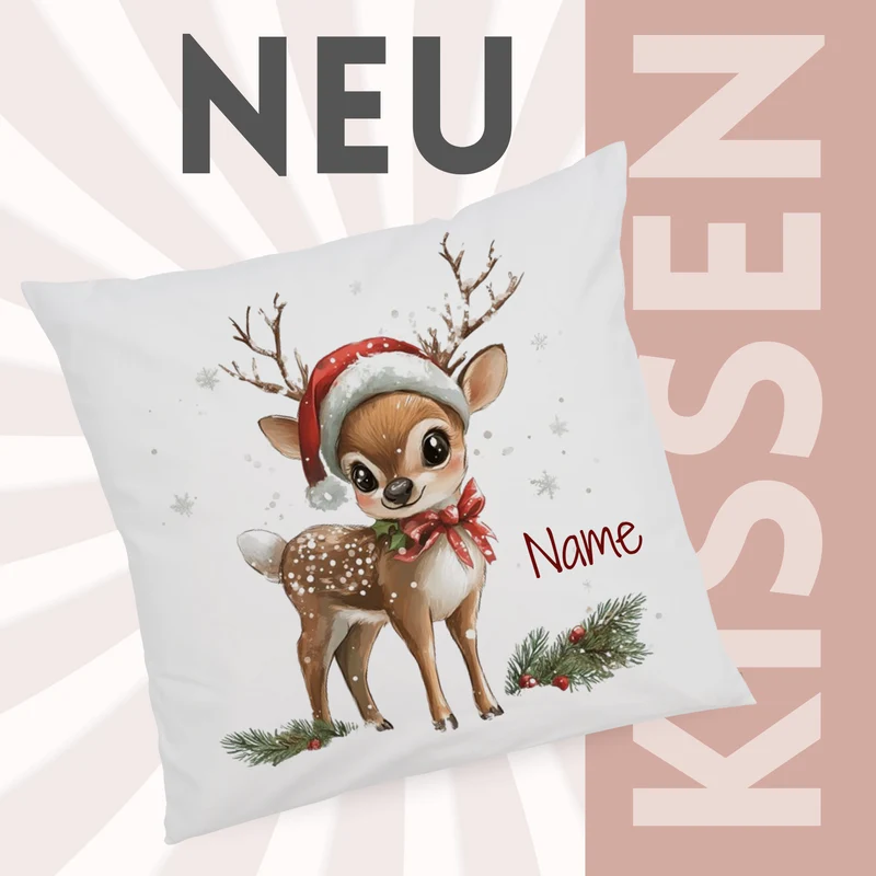 Kissenbezug Reh mit Weihnachtsmütze - Für gemütliche Winterabende