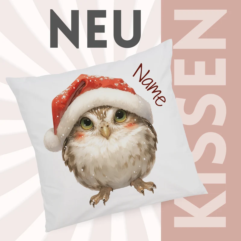 Kissenbezug Eule mit Weihnachtsmütze