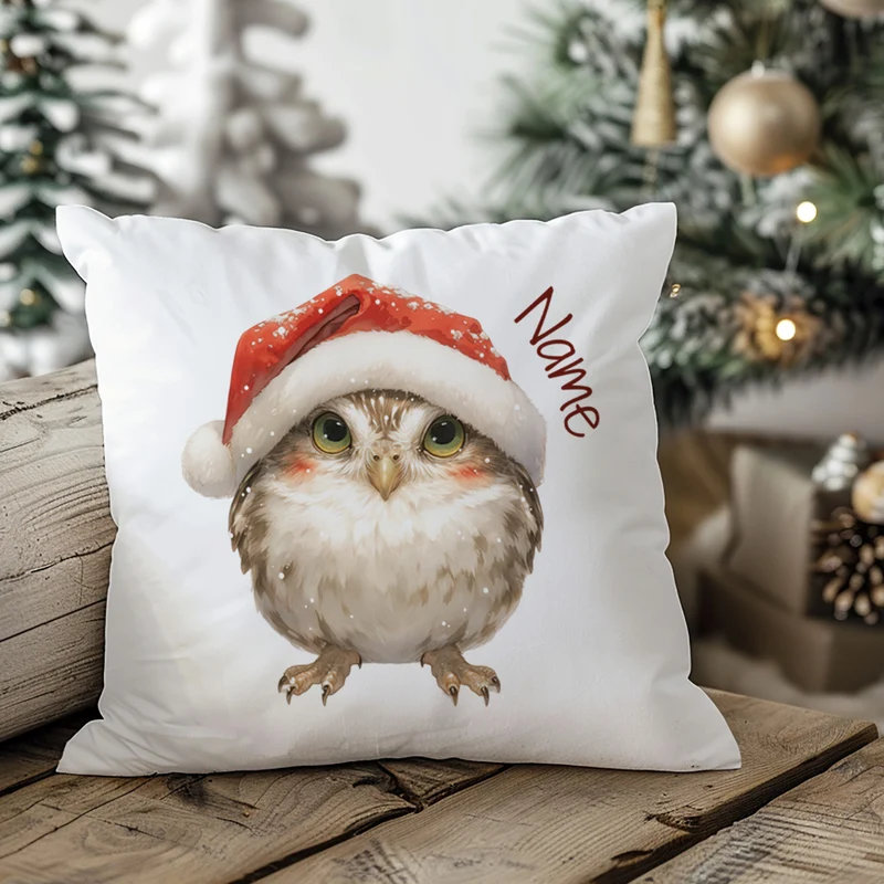 Kissenbezug Eule mit Weihnachtsmütze
