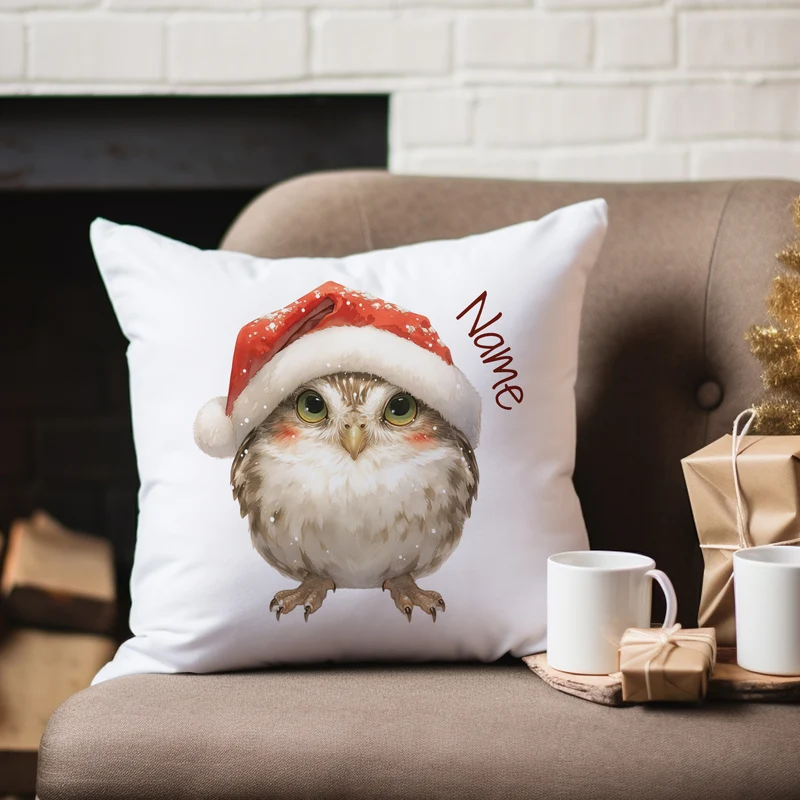 Kissenbezug Eule mit Weihnachtsmütze